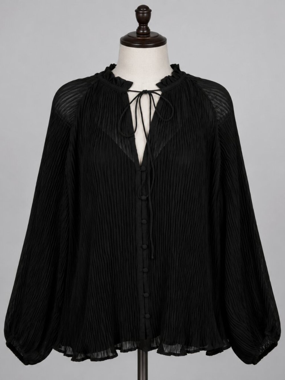 Maje Blouse Womens 3‎ Large Black Pleated Chiffon Ruffle Button Balloon Sleeve